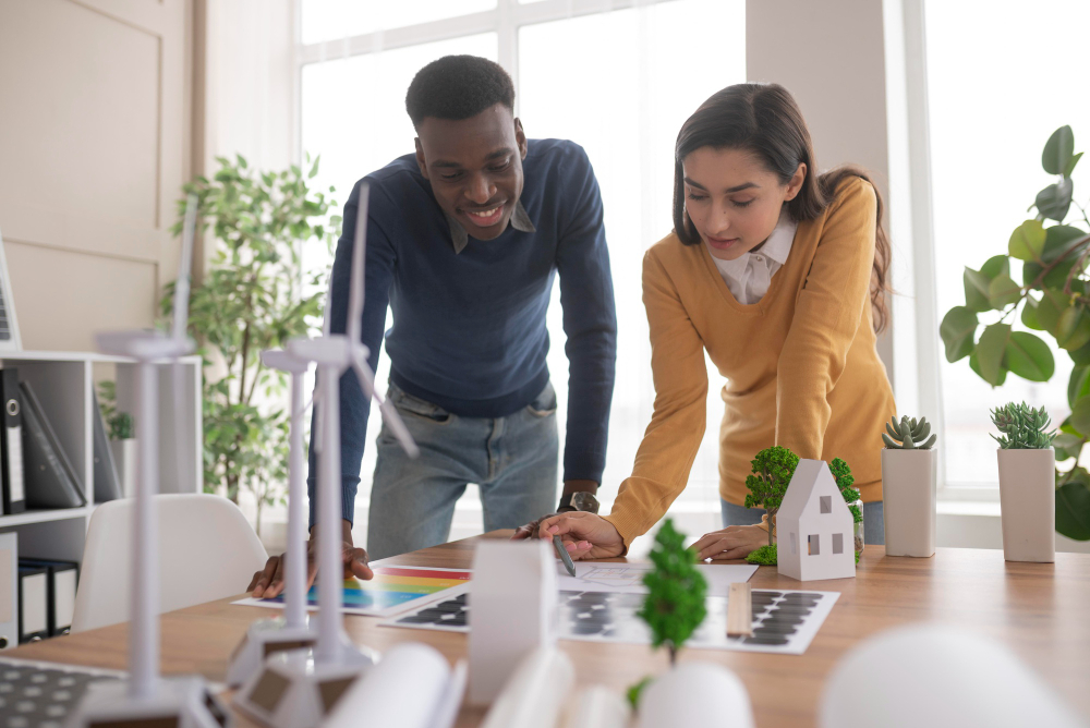 Vantagens de Utilizar EPS na Construção de Casas: rapaz negro e moça parda conversando sobre  Sustentabilidade em construção e analisando projetos